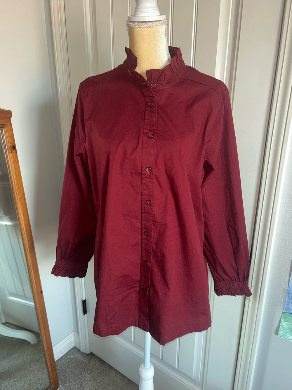 NEW Jessica London Burgundy Wine Button-Front Ruffle Collar Shirt Sz 18W